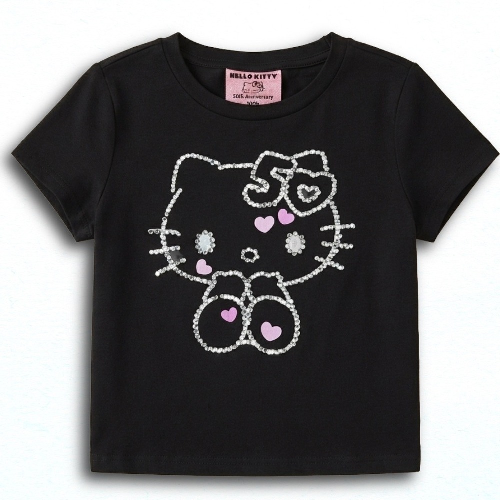 Hello Kitty 50th Anniversary Forever 21 Kids Black Rhinestone Graphic Tee 7/8